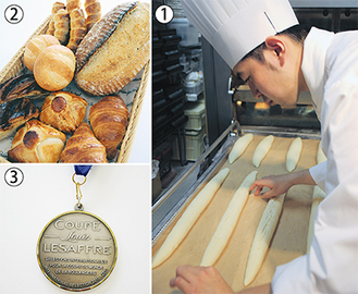 【1】フランスパンに模様をつける長田さん【2】人気のパンの数々。なかでもテレビ番組で１位にランキングされたアーモンドペストリーは絶品【3】５月に中国広州で開催されたアジア予選に出場したときのメダル