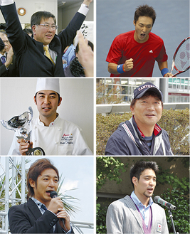 今年の藤沢の「顔」たち。左上段から鈴木新市長、テニス添田選手、神戸屋キッチンの長田さん、DJ・HAGGYさん、「イクメン」つるのさん、銅メダリスト立石選手