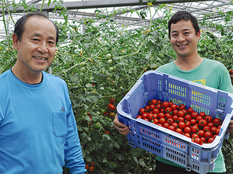 井出弘文さん（58）と長男の寿利さん（32）父子「新鮮なトマトを消費者に届けるため、今後も努力を続けたい」