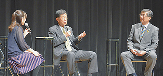 対談する鈴木市長（右）と渡辺さん（中央）