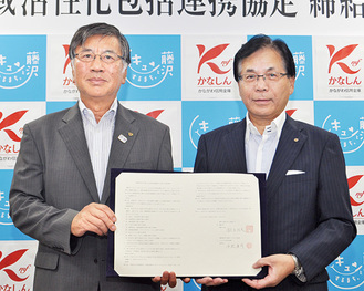 協定書を交わす鈴木市長と平松理事長（右）