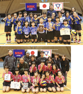 小学生男子・混合で優勝した藤沢スカイ（上）と女子で優勝したスカイラークＡチーム