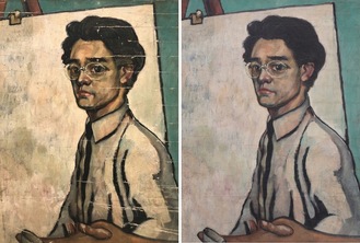 長谷川路可が描いた「自画像」。左が修復前、右が後。市内在住の修復家が手掛けた