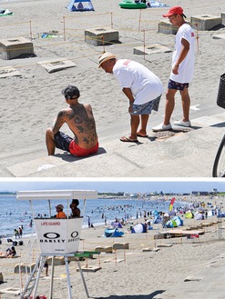 海水浴客にタトゥーを露出しないよう声をかける向島さん（上）と8月最終週の片瀬西浜