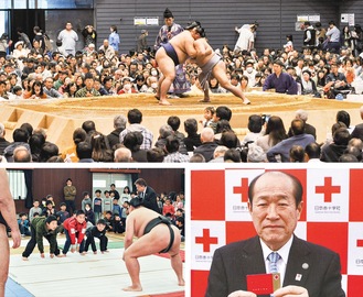 多くの市民が楽しみにしている大相撲藤沢場所（上・2019年）。大相撲の火を次代につなぎたいと実施している特別授業（左下）。「人を救えるのは人だけだ」を合言葉に献血にも取り組む最上社長（右下）
