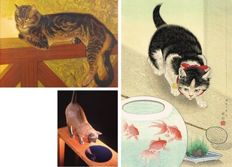 （左上から時計回り）テオフィル・アレクサンドル・スタンラン「夏-手すりの上の猫」、小原祥邨「金魚鉢に猫（縁側）」、大森暁生「月夜のテーブルーＢｕｒｍｅｓｅー」