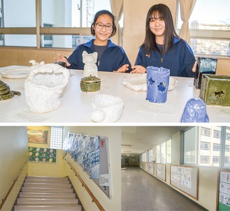 陶芸作品を紹介する佐々木さん（右）と真壁さん。学校の階段や廊下の壁に様々な作品が展示されている