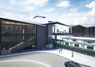 村岡新駅（仮称）の現時点での完成イメージ。ホームの上階に駅舎を設ける橋上駅で２０３２年頃の開業を見込む
