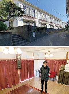築53年のアパートを改装した「ホテル江ノ島アパートメント」の外観（上）と野村さん。家具や家電もリサイクル品を活用し、環境にも配慮した
