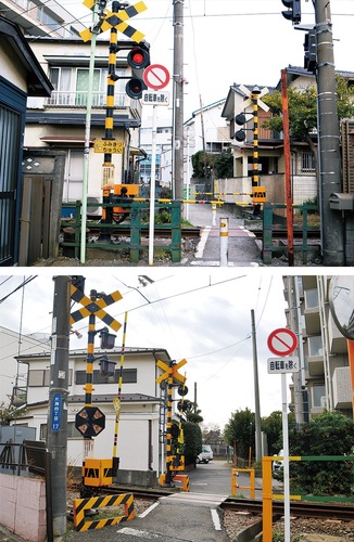 小さな踏切のある片瀬海岸（上）と片瀬