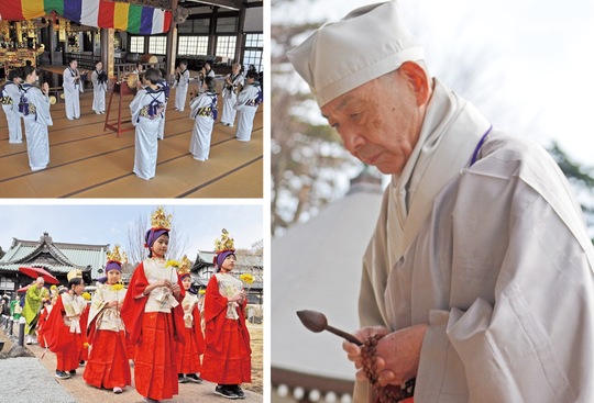 精悍な顔つきで本堂へと向かう遊行75代・一浄上人（右）、地元保存会による｢踊り念仏｣の奉納（左上）、少し照れながら境内を練り歩く稚児行列の子ども（左下）
