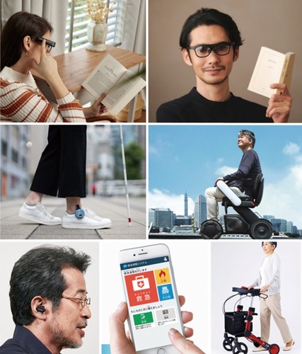 展示される商品の一例。文字や風景を音声で伝える小型カメラから次世代電動車椅子まで実際に体験できる幅広いラインナップが並ぶ