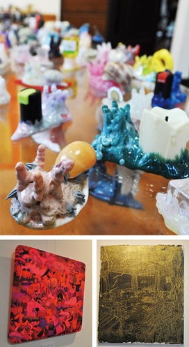 メルトツムリ（上）、布にマーカーで着色した作品（左下）、メディウム剥がし刷り作品（右下）