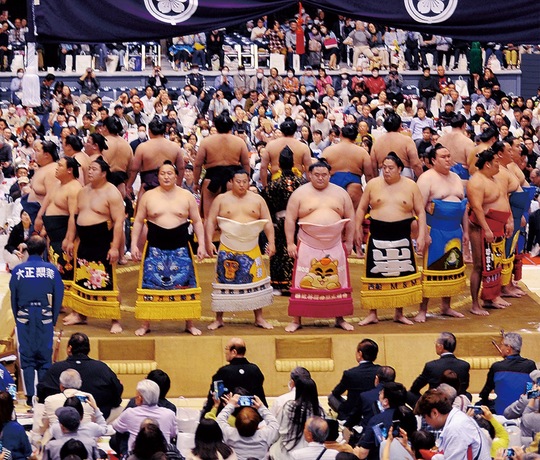 華やかな化粧まわしで会場を彩った力士たち