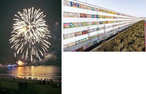 おやじの会連合が手掛けた打ち上げ花火（左）とギネス世界記録認定を受けた塗り絵の列