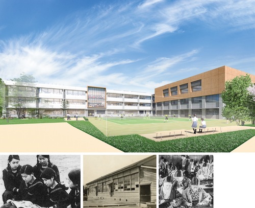 新校舎イメージ（上）＝鹿島建設（株）提供、（右下から）開校当時１９２５年２月の授業風景、大空襲の被害を受けた校舎、鵠沼女子高校に改称した61年の生徒＝鵠沼高校提供