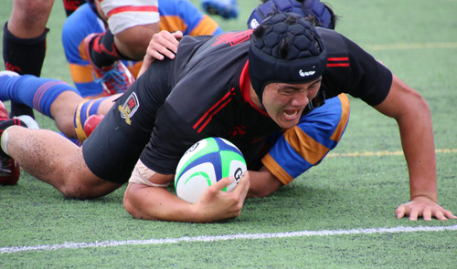 関東大会出場を決めた法政二との準々決勝で必死にトライを奪う日大藤沢の選手＝提供