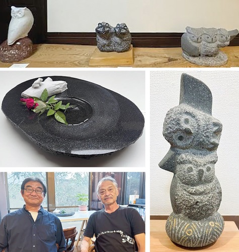 ユニークな作品の一部。渡辺さん（左）と西巻さん＝写真左下