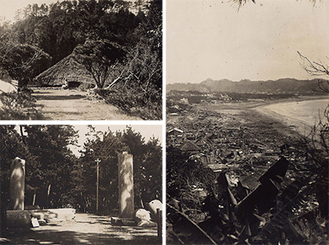 由比ヶ浜の津波あと（写真右）や東慶寺の倒壊あと（左上）、崩れた一ノ鳥居（左下）など約40点の写真が展示される