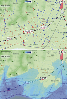 由比ガ浜地区における「県想定明応型地震」が発生した際の津波被害の想定。発生直後（上）から55分後には地域一帯に浸水していることがわかる（下）青や赤の丸は避難者を示している
