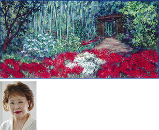 主に「花」をモチーフとして作品を制作してきた佐藤さん（左）。会場では英勝寺をイメージした作品（上）などＮＨＫ手芸フェスティバルへの出品作を中心に約40点を展示している