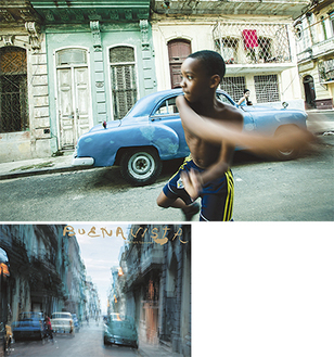 ハバナの路上で遊ぶ少年（写真上）竹沢さんの新作『BUENA VISTA』（写真下）は創芸社から発売中。