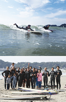 波の上を進む川名さん（上写真手前）挑戦を終え笑顔（下写真・前列左から４人目）