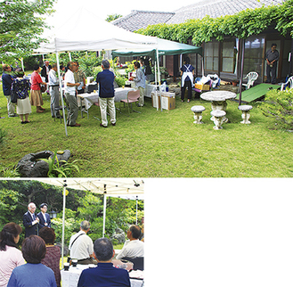 庭園で歓談する参加者（上）と挨拶する西崎理事長