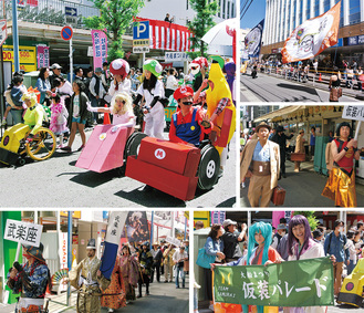 寅さんやアニメキャラクターなどに仮装した昨年のパレード
