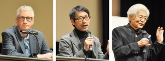 講演する左からドゥ・ヴァールさん、菊水さん、養老さん