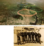 上・東京五輪の開会式を上空から撮影した様子右・当時のブルーインパルスのメンバー。左から４人目が藤縄さん（藤縄さん提供）