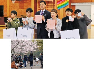 （上）御成小で開かれたハンカチの贈呈式、中央右が貞末社長（14日）（下）昨年３月に桜の花びらを収集した時の様子