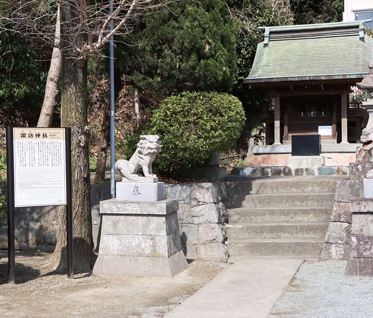 名所掲示板（写真左）が設置された御成町の諏訪神社