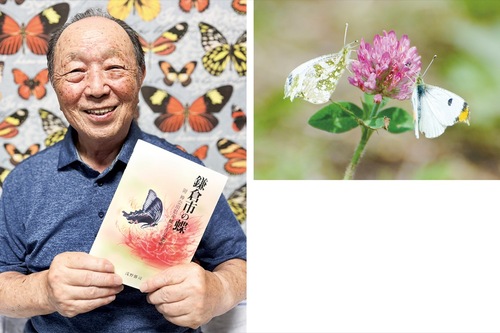 著書を手にする浅野さん（左）、お気に入りの蝶「ツマキチョウ」