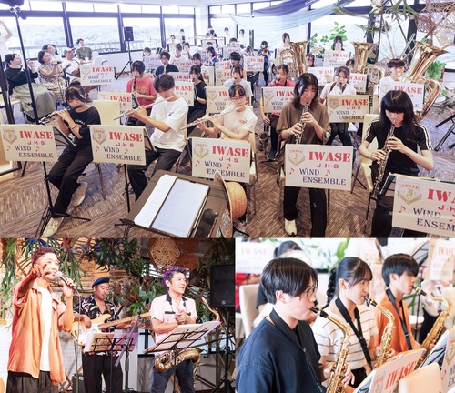 上・右下／演奏に集中する岩瀬中吹奏楽部のメンバー、左下／瑛人さん（左）とサックス奏者のＭＯＮＫＹさん（撮影：高橋創平さん）