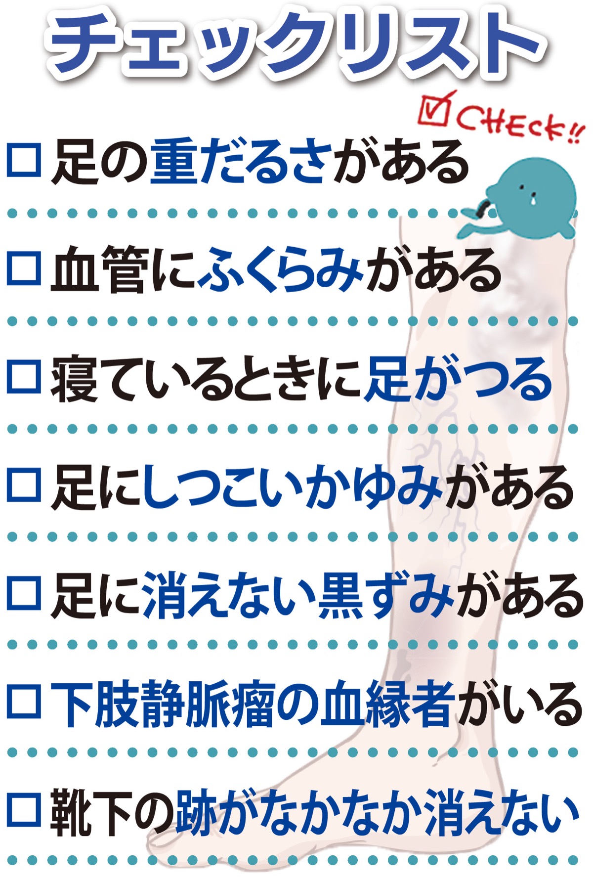 足の重だるさ、血管のふくらみ下肢静脈瘤かも (写真1)