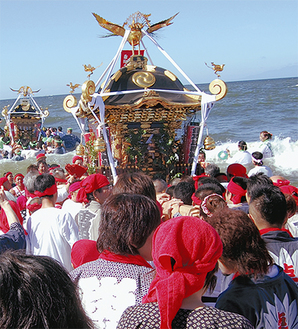 今年も37基の神輿が浜辺に集結する（写真は昨年）