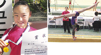 東日本大会での平均台での演技（右）、笑顔を見せる川野さん（左）