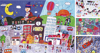 「私の住みたい街」小出小５年・柳父風香さん（左）、右上から鶴嶺小２年・田中理勢さん、浜須賀小３年・馬場もえかさん、浜須賀小３年・前田りりあさんの作品