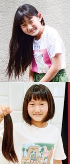 （上）３年かけて髪を伸ばした麻里渚さん（下）髪を切り笑顔を見せる