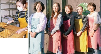 (左)レンタルシェアキッチンでの作業(右)会員の(左から)ドベリさん、煤賀さん、大島さん、小室さんと早田さん