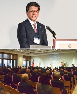 （上）あいさつする松岡会長（下）創立40周年を祝い集まった来賓ら