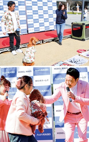 （上）災害時に飼い犬を建物に運ぶトレーニング（下）会場を沸かせたタレントのみやぞんさん