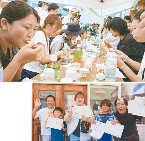 激しい大食い対決を見せる参加者（写真上）、優勝した４人と長谷川社長（左）