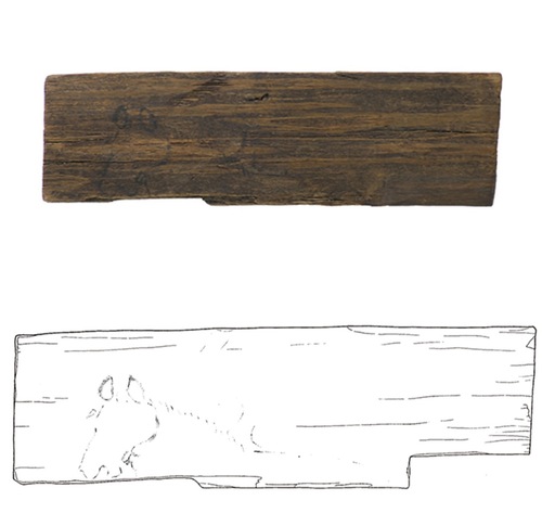 小出川の改修事業に伴って出土した古代の絵馬(上)と絵馬の図面(下)＝いずれも神奈川県教育委員会提供