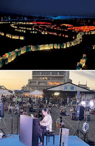 (上)ひと際目を引いたキャンドルトワイライト(下)広域からも参加者が集まったストリートピアノ＝７月、サザンビーチちがさき