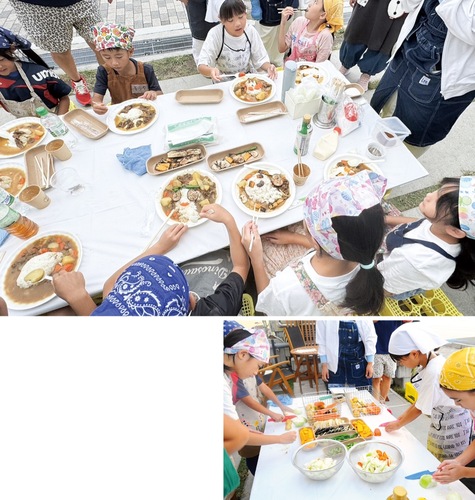 (上)つくりたてのカレーに舌鼓を打つ子どもたち(下)指導を受けながら取り組んだ調理体験