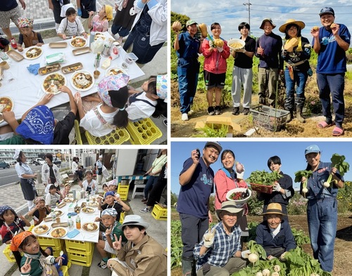 (右)スタッフらの野菜の収穫(左)子どもたちに地域経済循環を伝えた食育交流会