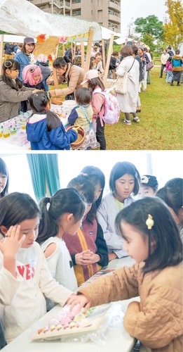 （上）昨年のこどもマルシェ（下）こども会議での販売デモンストレーション＝提供