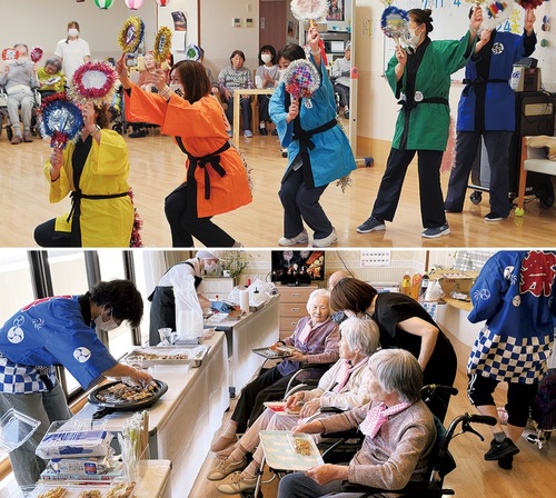 （上）看護師によるダンスの披露（下）お好み焼きなど祭りにちなんで振舞われた料理を前に笑顔を見せる利用者